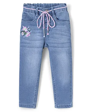 Babyhug Denim Full Length Jeans With Stretch Floral Embroidered & Washed - Blue