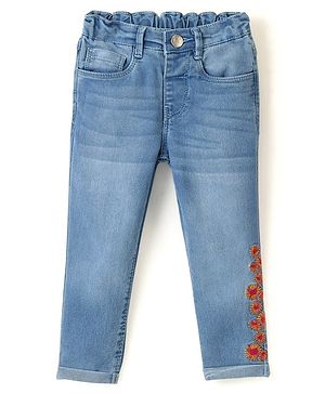 Babyhug Cotton Spandex Full Length Stretchable Jeans with Floral Embroidery - Blue