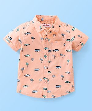 Babyhug Cotton Woven Half Sleeves Regular Collar Shirt Car Print- Orange