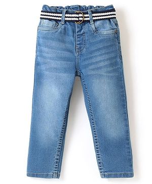 Babyhug Cotton Spandex Full Length Stretchable Washed Jeans with Fabric Belt  With Mock Fly  - Blue