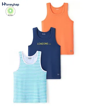 Honeyhap Premium Cotton Elastane Solid Stripes & Text Printed Vests with Silvadur Antimicrobial Finish Pack of 3 - Orange Navy & Sky Blue