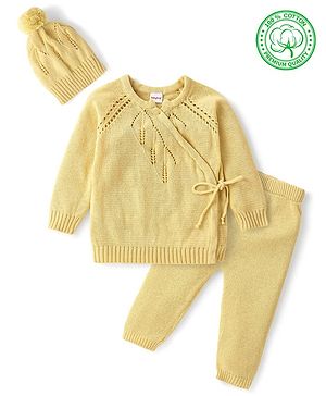 Babyhug Cotton Full Sleeves Sweater Set With Cap & Cable Knit Design - Yellow