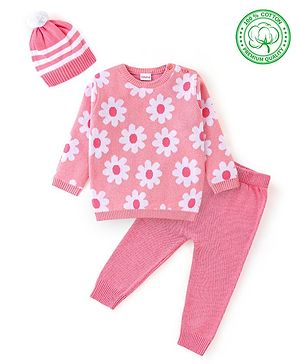 Babyhug Organic Cotton Knit Full Sleeves Sweater Set With Cap Floral Design - Light Pink