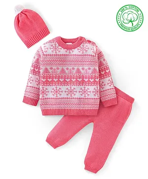 Babyhug Organic Cotton Knit Full Sleeves Baby Sweater Set Snow Flakes Design - Light Pink