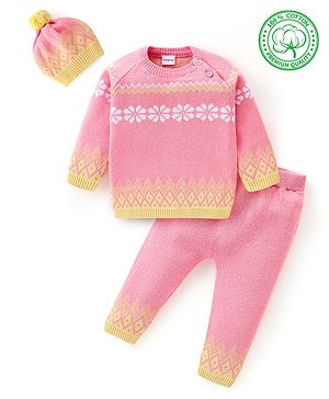 Babyhug Organic Cotton Knit Full Sleeves Sweater Set with Cap Floral Design - Peach