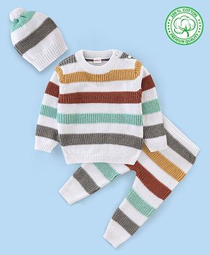 Babyhug Organic Cotton Full Sleeves Sweater Set With Cap Stripes Design- White Grey & Green