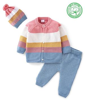 Babyhug Organic Cotton Knit Full Sleeves Sweater Set With Cap Solid Colour Block Design - Multicolour