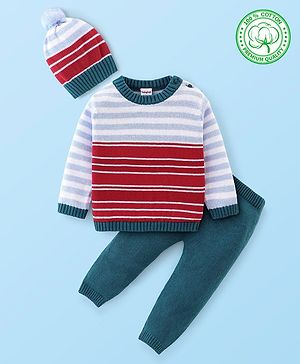Babyhug Full Sleeves Sweater Set with Cap Stripes Design - Blue