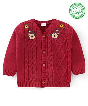 Babyhug Organic Cotton Knit Full Sleeves Front Open Sweater with Floral Design - Red
