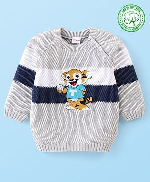 Babyhug Organic Cotton Full Sleeves Pullover Tiger in Tee  Design - Grey