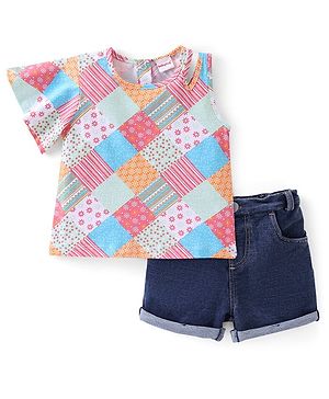 Babyhug Cotton Half Sleeves Top & Shorts Set Floral Print- Pink Green & Blue