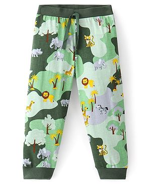 Babyhug Cotton Knit Full Length Lounge Pant Lion & Elephant Print- Green