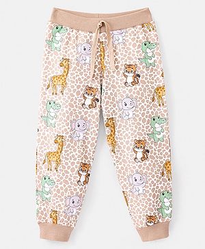 Babyhug Cotton Knit Full Length Lounge Pant With Wild Animals Print - Beige