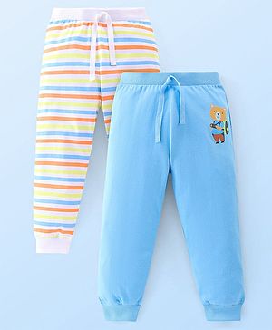 Babyhug Cotton Knit Lounge Pants Stripes Pack of 2 - Light Blue