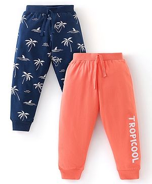 Babyhug Cotton Knit Full Length Lounge Pants Tropical Print Pack of 2 - Peach & Navy