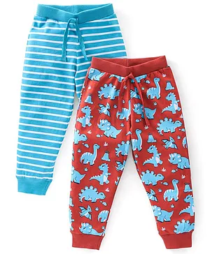Babyhug Cotton Knit Lounge Pants Dino Print Pack of 2 - Red & Blue
