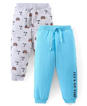 Babyhug Cotton Knit Full Length Lounge Pants Car & Text Print Pack of 2- Blue & Grey