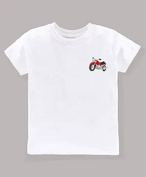 KAVEE 100% Pure Cotton Bio Washed  Half Sleeves Pocket Bike Printed Tee -White
