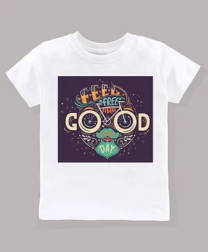KAVEE 100% Pure Cotton Bio Washed  Half Sleeves Feel Good Printed Tee -White