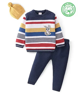 Babyhug Knitted Full Sleeves Striped & Bunny Patch Sweater Set with Cap - Multicolour