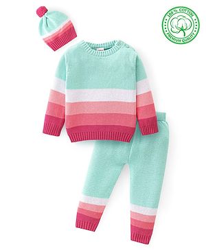 Babyhug Knitted Full Sleeves Striped Sweater Set with Cap - Multicolour