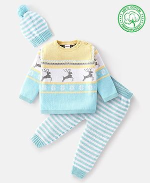 Babyhug Full Sleeves Sweater Set & Cap with Reindeer Design - Blue