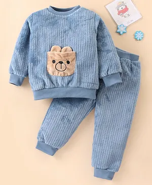 Kookie Kids Full Sleeves Winter Wear Suit With Teddy Applique - Blue