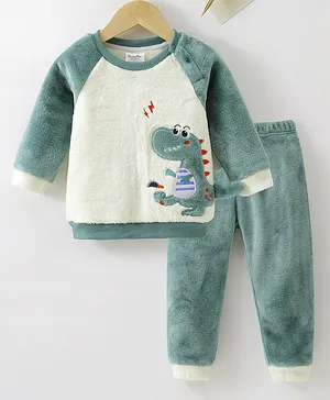 Kookie Kids Full Sleeves Winter Wear Dino Design Night Suit - Green & Beige