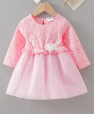Kookie Kids Full Sleeves Party Dress with Lace Detailing & Floral Corsage - Pink