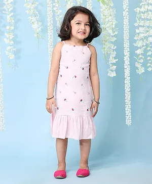 KID1 Sleeveless All Over Flower Embroidered & Frill Bottom Detailed Dress - Pink