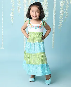 KID1 Sleeveless Floral Embroidered Tired Dress - Green Blue