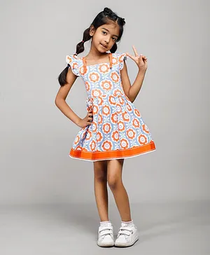 Calin Kids Half Flutter Sleeves Daffodil Floral Printed Cross Back Lace Detail Dress - Blue