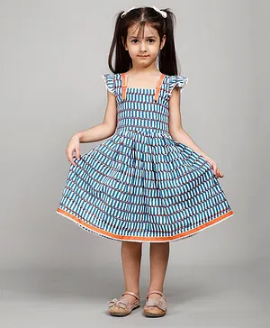 Calin Kids Cap Frill Sleeves Striped Dots Printed Dress - Blue