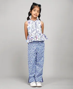 Calin Kids Sleeveless Block Floral Printed Peplum Top With Pant - Blue