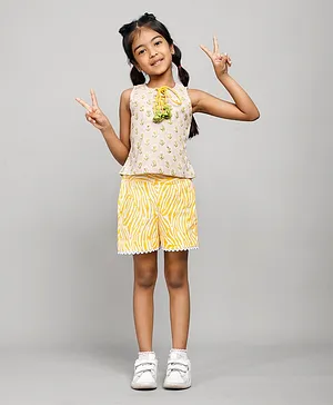Calin Kids Sleeveless Flower Motif Printed Top With Leheriya Shorts - Yellow