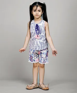Calin Kids Sleeveless All Over Leaf & Floral Swirl Printed Lace Embellished Top With Shorts - Blue