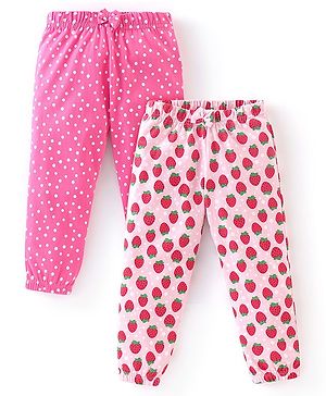 Babyhug Cotton Knit Full Length Lounge Pants with Bow Applique Polka Dots & Strawberry Pack of 2 - Deep & Light Pink