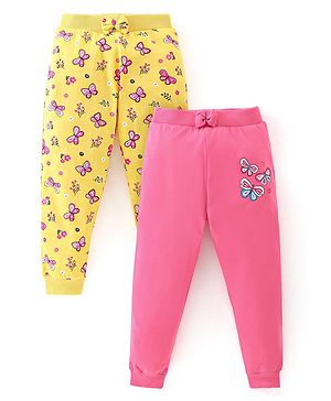 Babyhug Cotton Knit Lounge Pants Butterfly Print Pack of 2 - Pink & Yellow