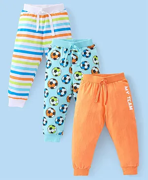 Babyhug Cotton Knit Full Length Striped  Lounge Pants Football Print Pack of 3  - Blue Orange & White