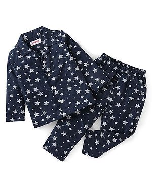 Babyhug Cotton Knit Full Sleeves Night Suit With Star Print - Navy Blue