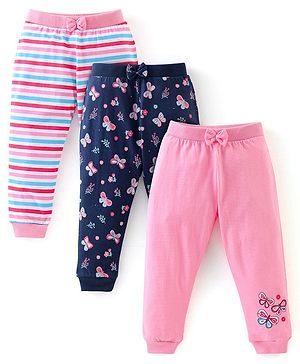 Babyhug Cotton Knit Full Length Lounge Pants with Bow Applique Stripes & Butterfly Print Pack of 3 - Pink & Navy