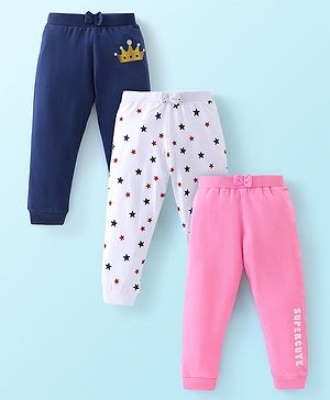 Babyhug Cotton Knit Full Length Lounge Pants Stars Print Pack of 3 - Pink White & Navy