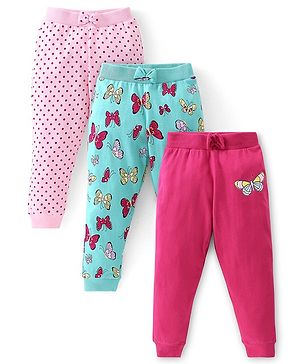 Babyhug Cotton Knit Full Length Lounge Pants Butterfly Printed Pack of 3 - Pink & Blue