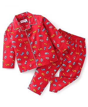 Babyhug Cotton Woven Full Sleeves Nightwear Pajama Set Number Print - Red