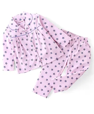 Babyhug Cotton Woven Full Sleeves Star Printed Night Suit - Pink