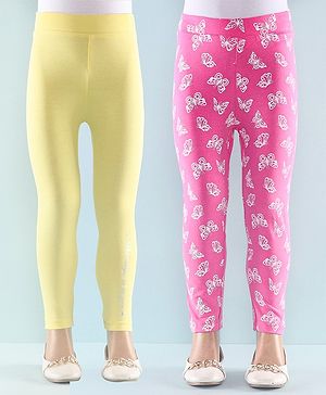 Honeyhap Premium Super Soft & Stretch Cotton Bio Finish Full Length Legging With Butterfly Print Pack Of 2 - Gold Finch & Pink Caration