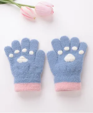 Babyhug Acrylic Woolen Gloves Pair Paw Design - Sky Blue