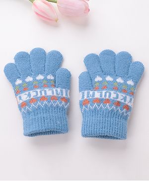Babyhug Woolen Gloves Pair Text Design - Sky Blue