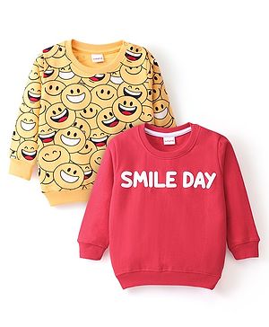 Babyhug Cotton Knit Full Sleeves Sweatshirt With Emoji & Text Graphics Pack Of 2 - Yellow & Red