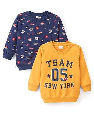 Babyhug Cotton Knit Full Sleeves Sweatshirt With Graphics Text Print Pack Of 2 - Navy Blue & Yellow